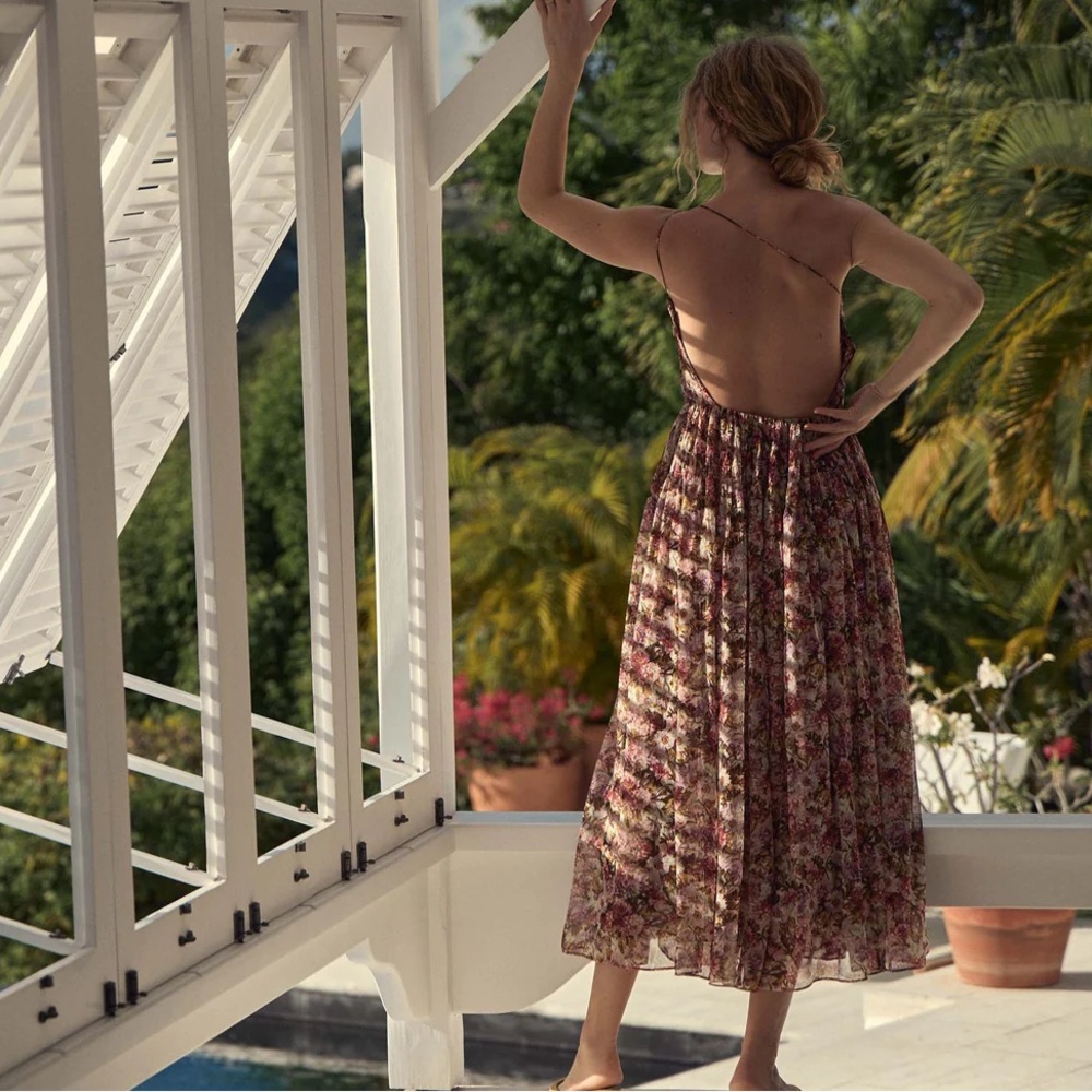 Doen Burgundy Floral Backless Midi Dress with Ivory Accents